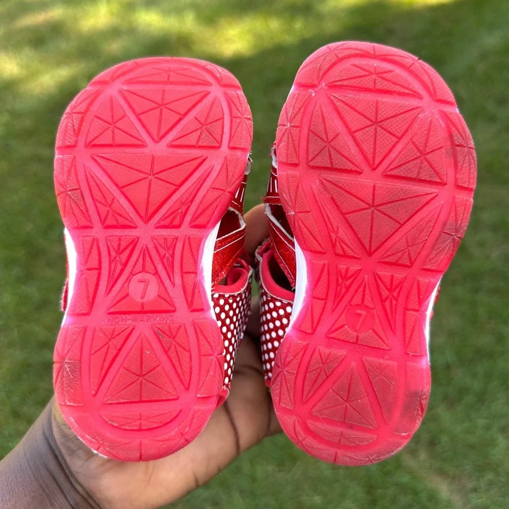 Disney Minnie Mouse Toddler Girls Red Glitter Polka Dot Light Up Sandals Size 7